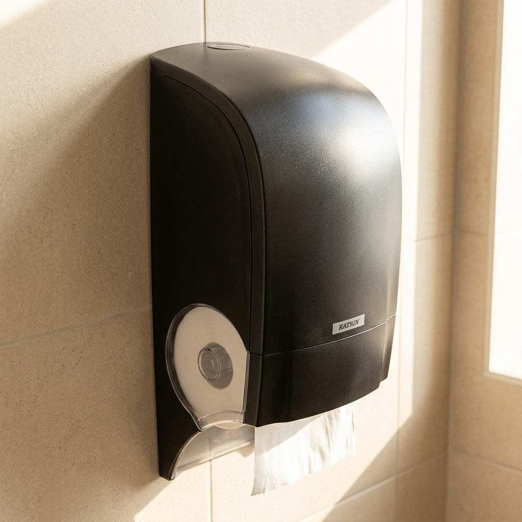 Sort Katrin-toiletrulledispenser på beige væg i sollys