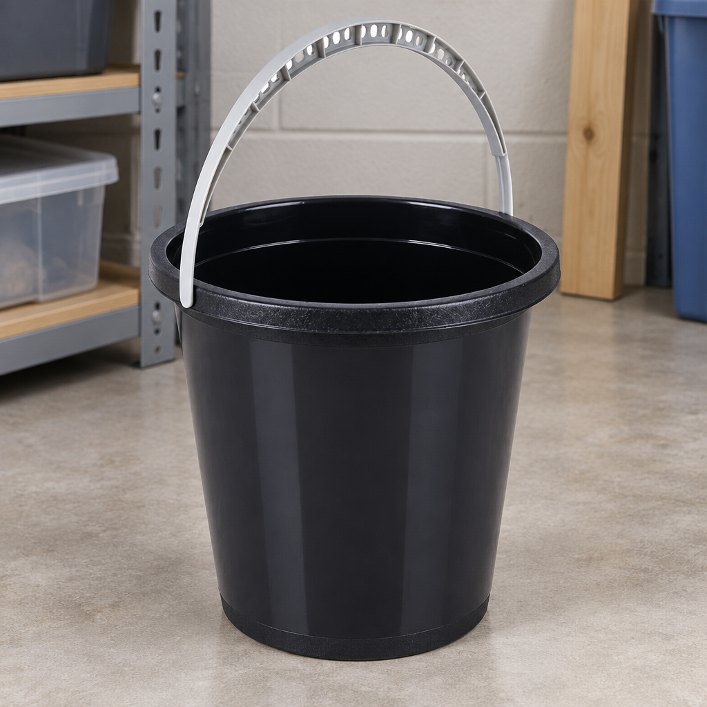 Sort 5-liters spand i opbevaringsområde, stemningsillustration