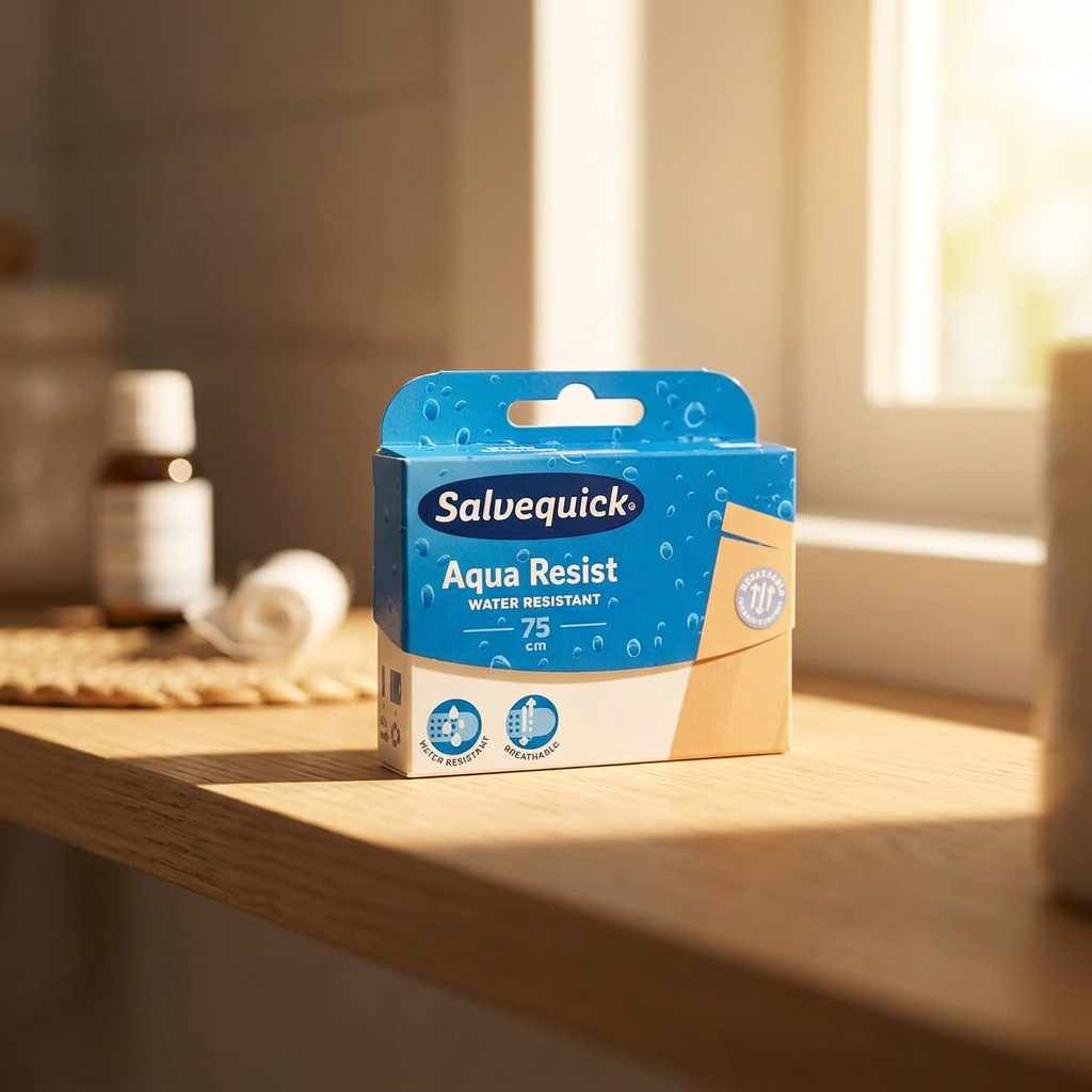 Salvequick Aqua Resist plasterpakke på solrig hylde ved vindue
