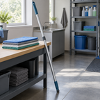 Stemningsbillede af organiseret moppeudstyr, ikke foto af den konkrete adapter til teleskopskaft