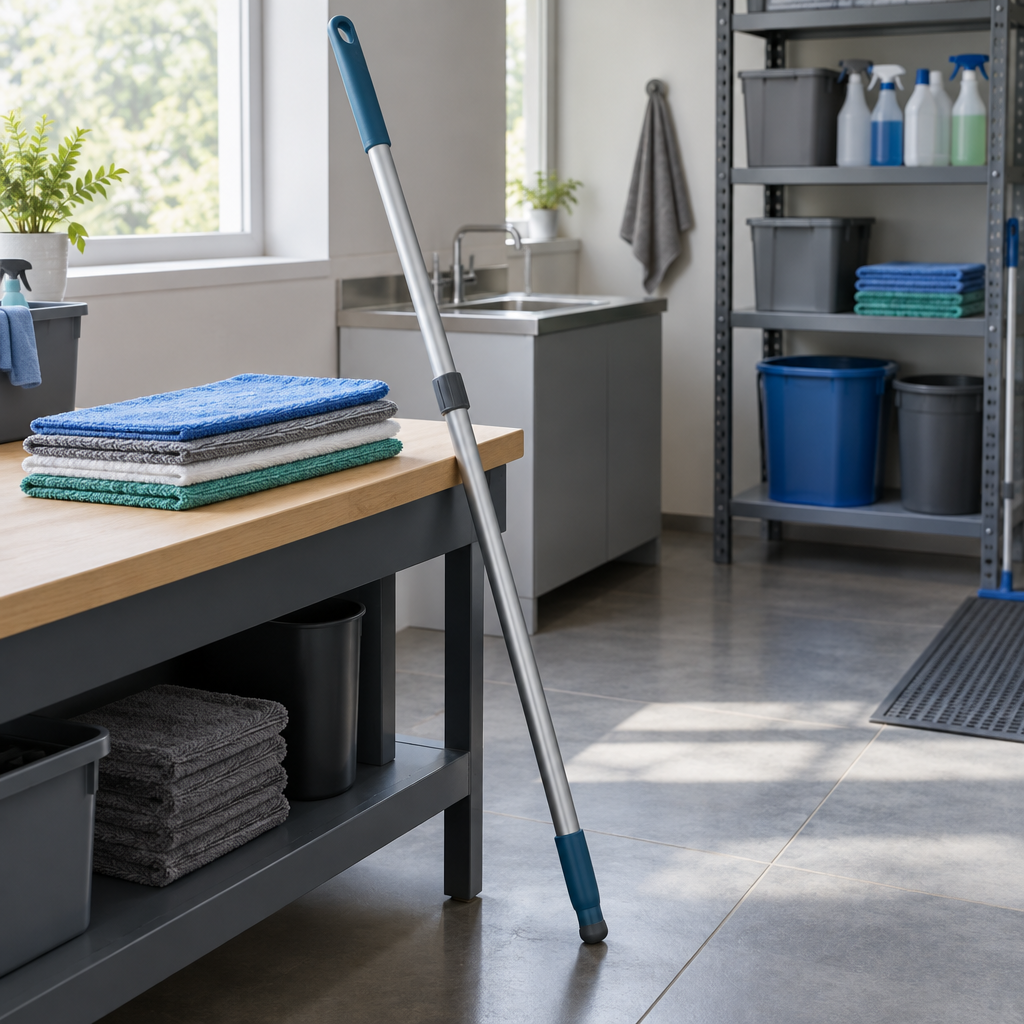 Stemningsbillede af organiseret moppeudstyr, ikke foto af den konkrete adapter til teleskopskaft