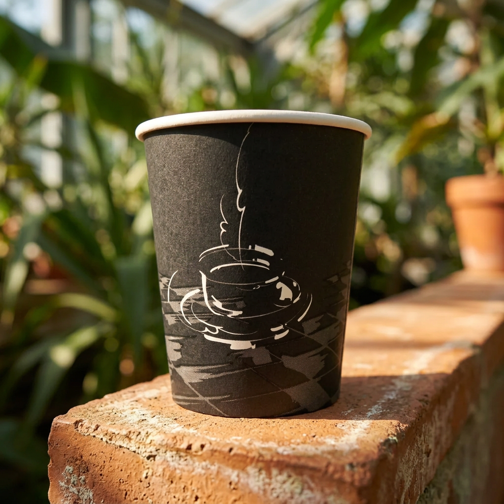 Sort kaffebæger med kaffekopmotiv på terracottakant i solrig drivhuscafé