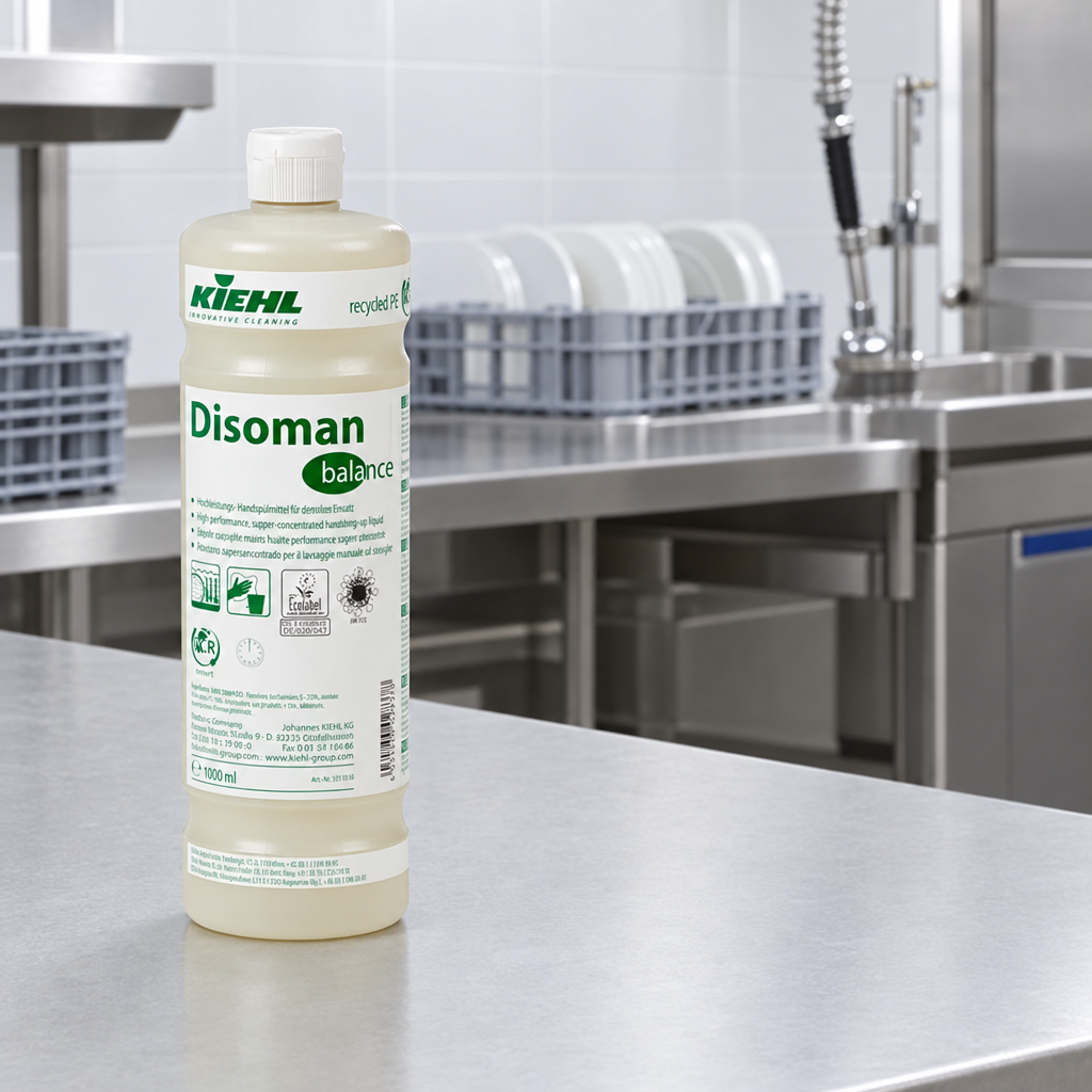 Kiehl Disoman Balance 1 L på arbejdsbord i institutionens opvaskeområde