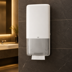 Hvid Tork PeakServe håndklædearkdispenser på restauranttoilet med mørke fliser