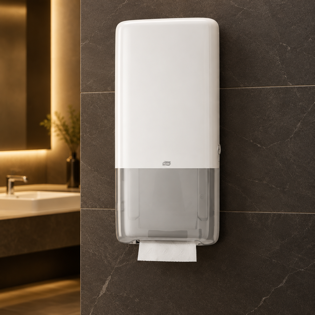 Hvid Tork PeakServe håndklædearkdispenser på restauranttoilet med mørke fliser