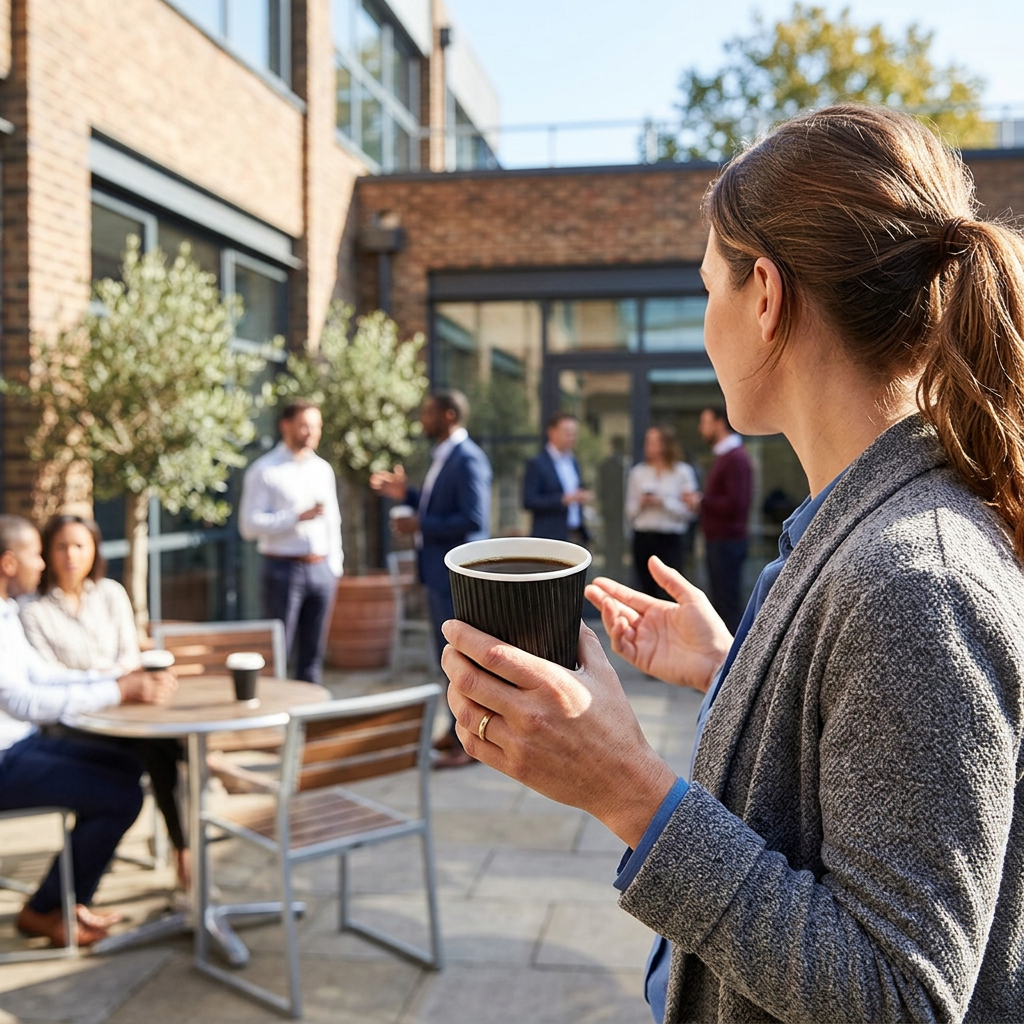 Voksen holder sort Ripple Wall kaffebæger under kaffepause i solrig firmagård