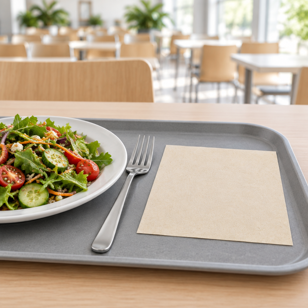 Naturfarvet Tork N4/N12 serviet på kantinebakke ved salat