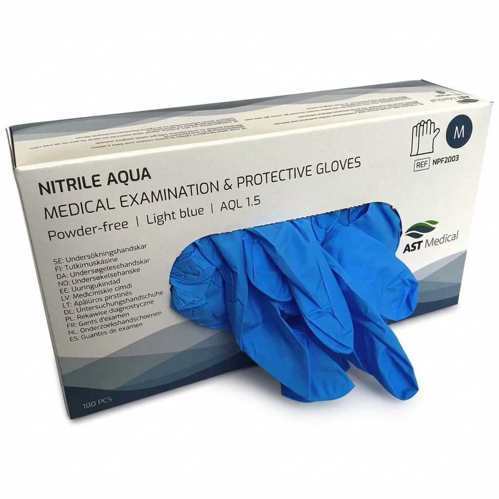 Nitrile Aqua M med blå handsker på hvid baggrund