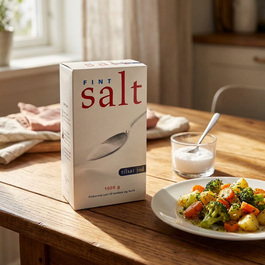 Fint salt med jod 1 kg ved saltskål og grøntsagsret