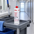 Kiehl Oxycal 1 L på grå rengøringsvogn i flisebeklædt sanitetsområde