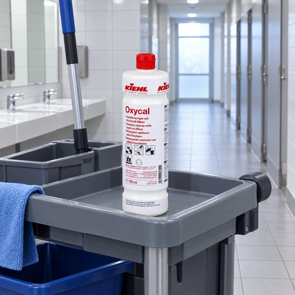 Kiehl Oxycal 1 L på grå rengøringsvogn i flisebeklædt sanitetsområde