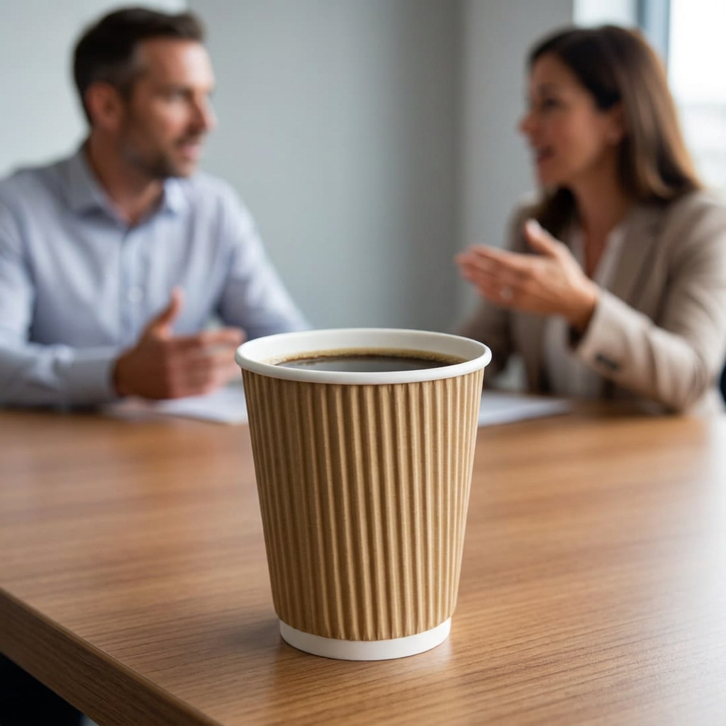Ripple-Wrap kaffebæger med kaffe på mødebord med to voksne kolleger i baggrunden