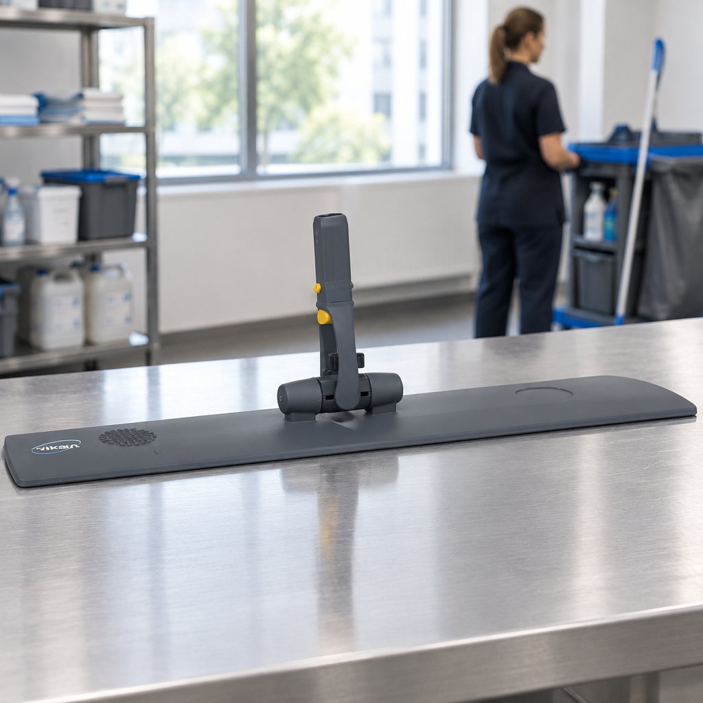 Vikan moppefremfører på et rustfrit bord med medarbejder i baggrunden