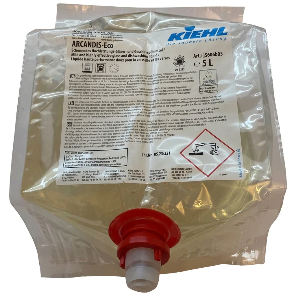 Kiehl Arcandis-Eco maskinopvask 5 liter i pose med rød tilslutning og hvid hætte på hvid baggrund, varenummer 8188.