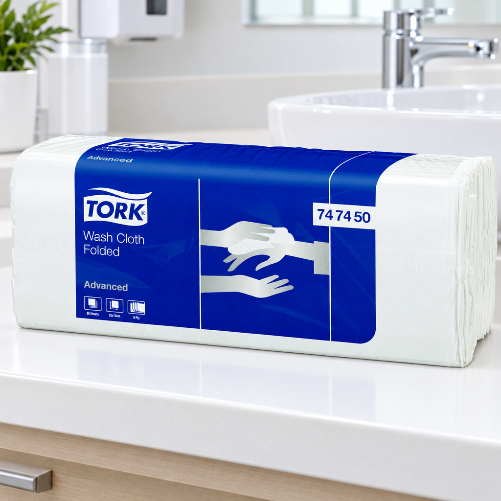 Én pakke Tork 747450 vaskeklude vist ved en lys håndvask, ikke en hel salgskasse