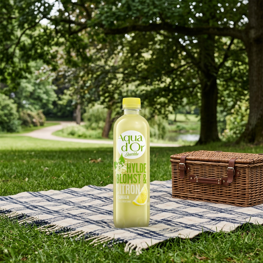 Aqua d’Or Sparkles Hyldeblomst & Citron ved picnickurv i park, stemningsbillede