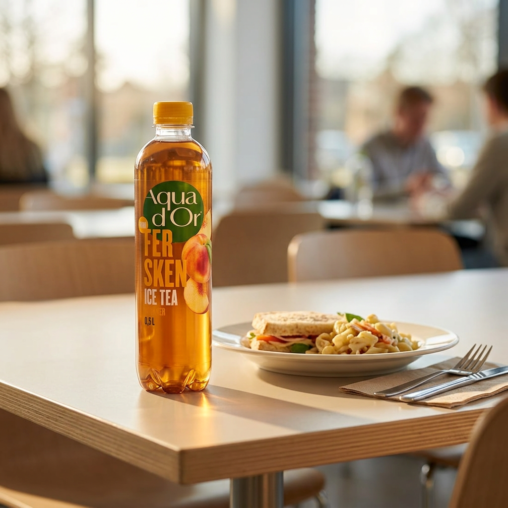 Aqua d’Or Fersken iste ved frokosttallerken i kantine