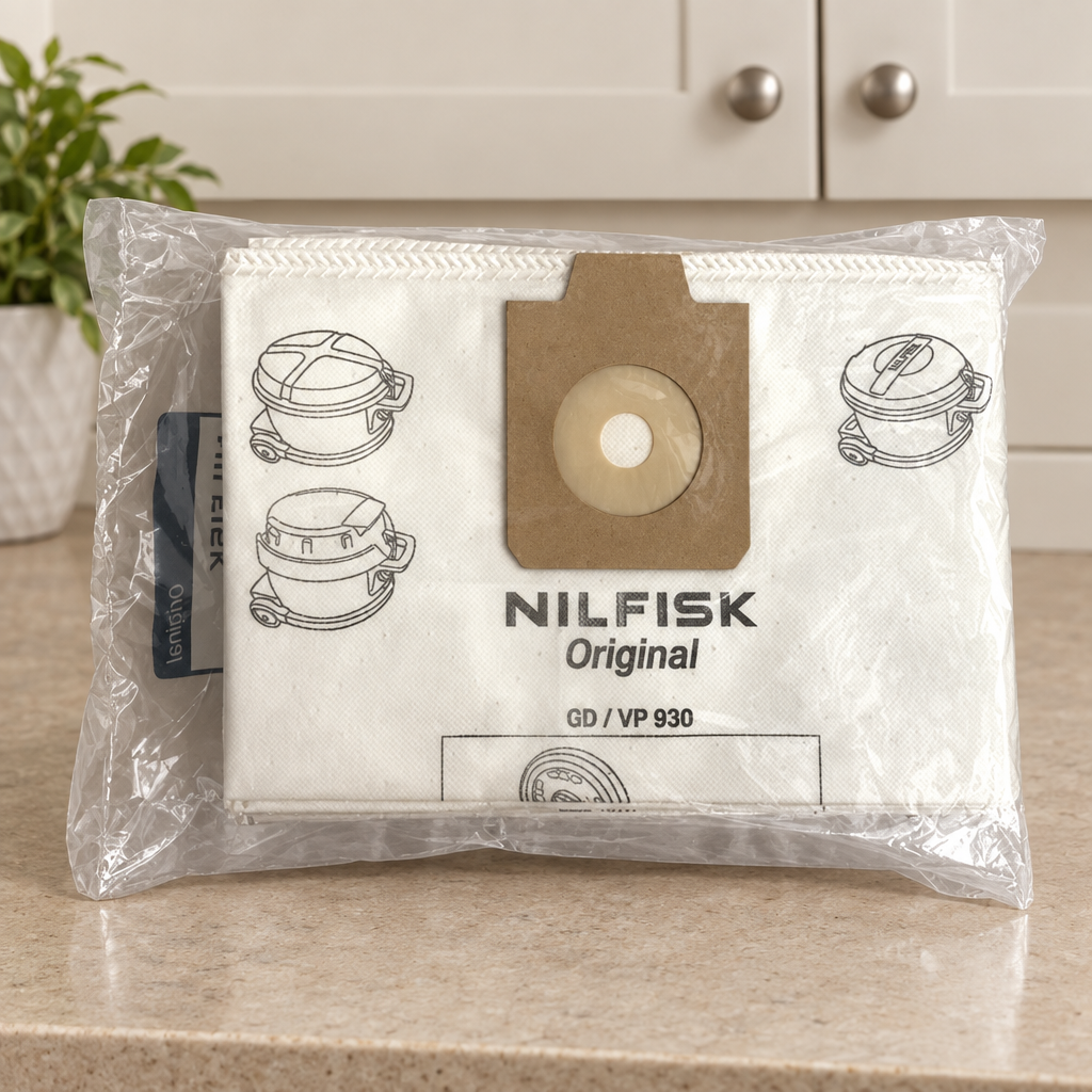 Miljøbillede af Nilfisk-fleeceposer på beige bord foran skab