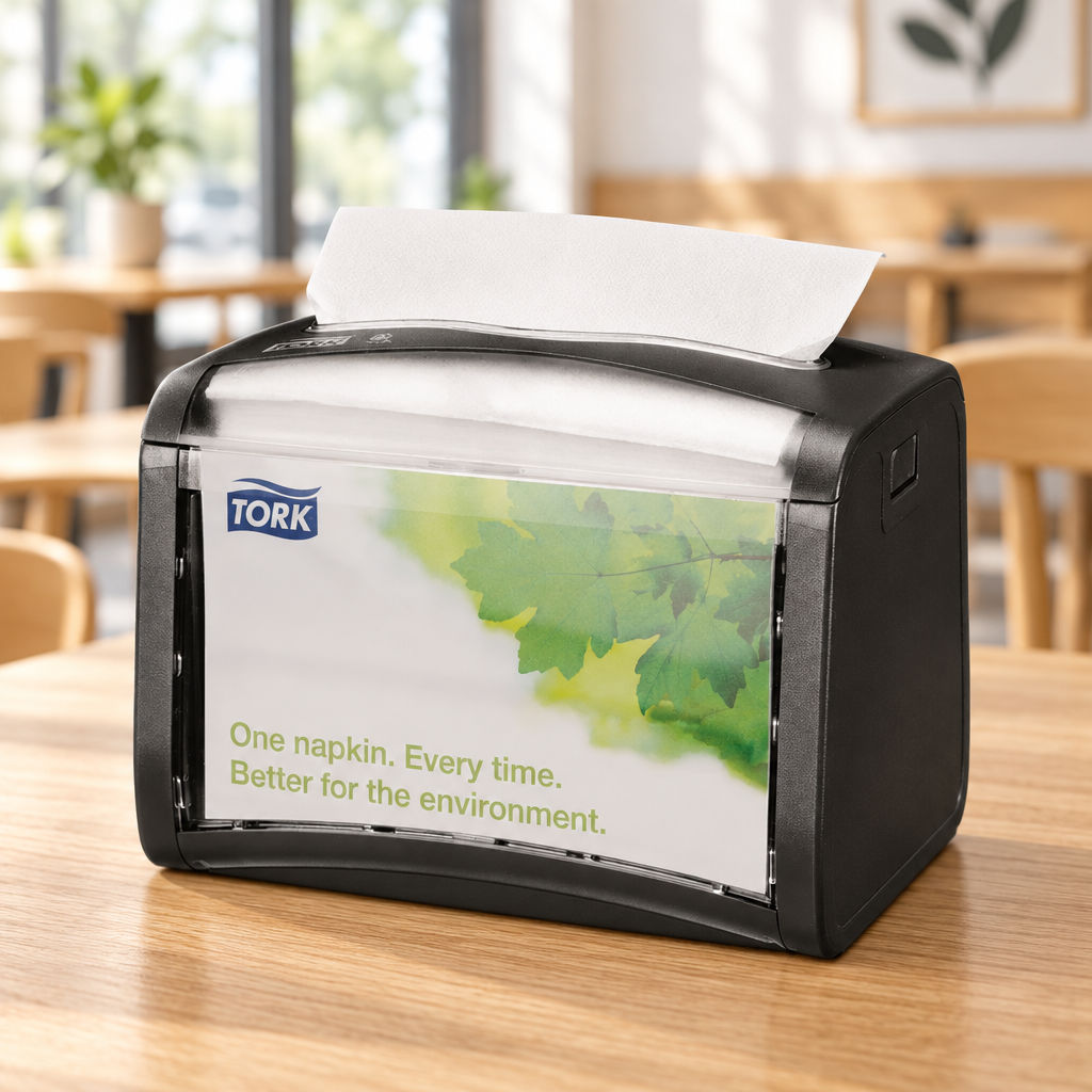 Sort Tork Xpressnap N4 272611 servietdispenser med synligt annoncefelt på cafébord