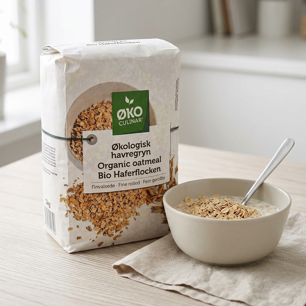 Øko Culinar havregryn ved en skål med mælk på morgenbordet