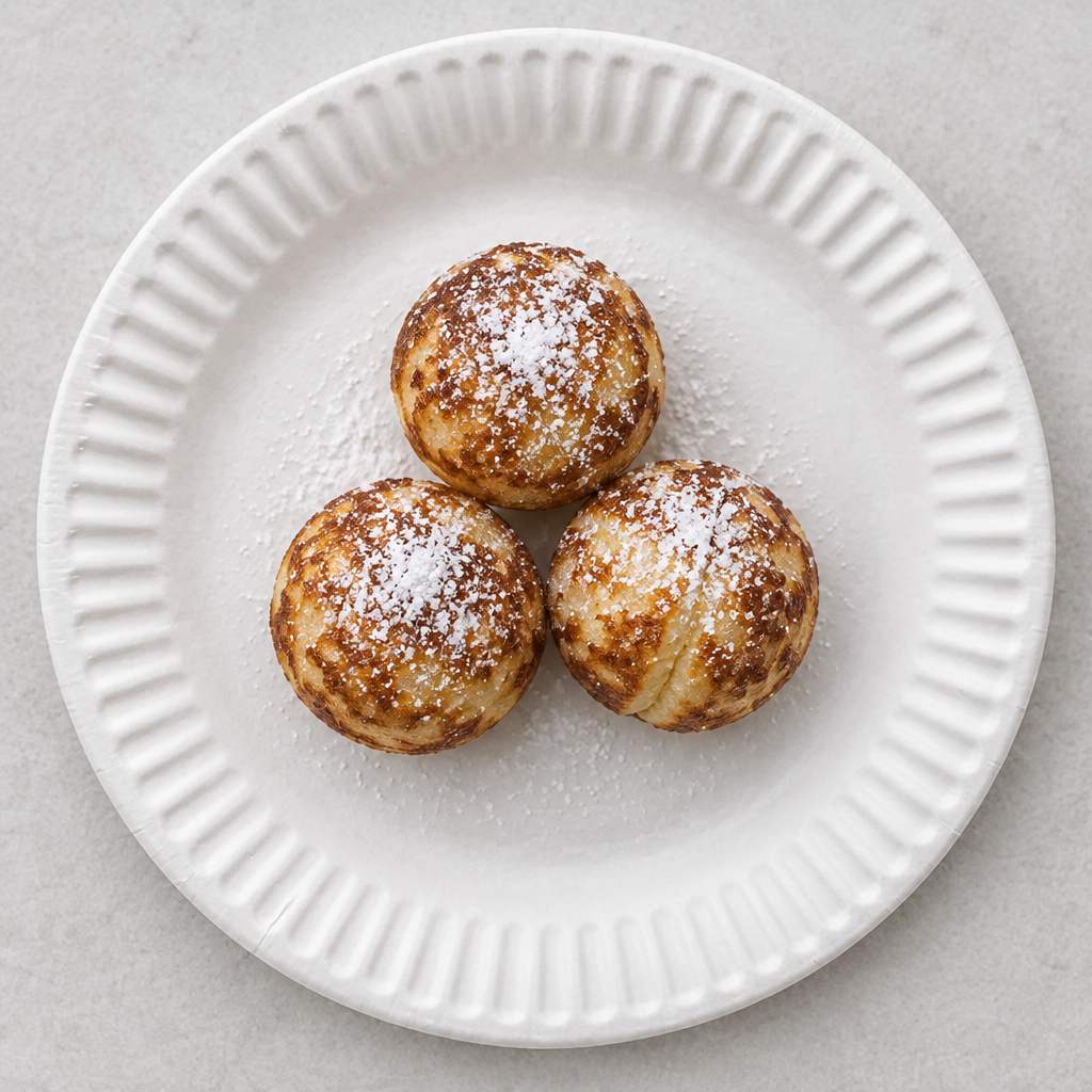 Hvid paptallerken med tre æbleskiver og flormelis
