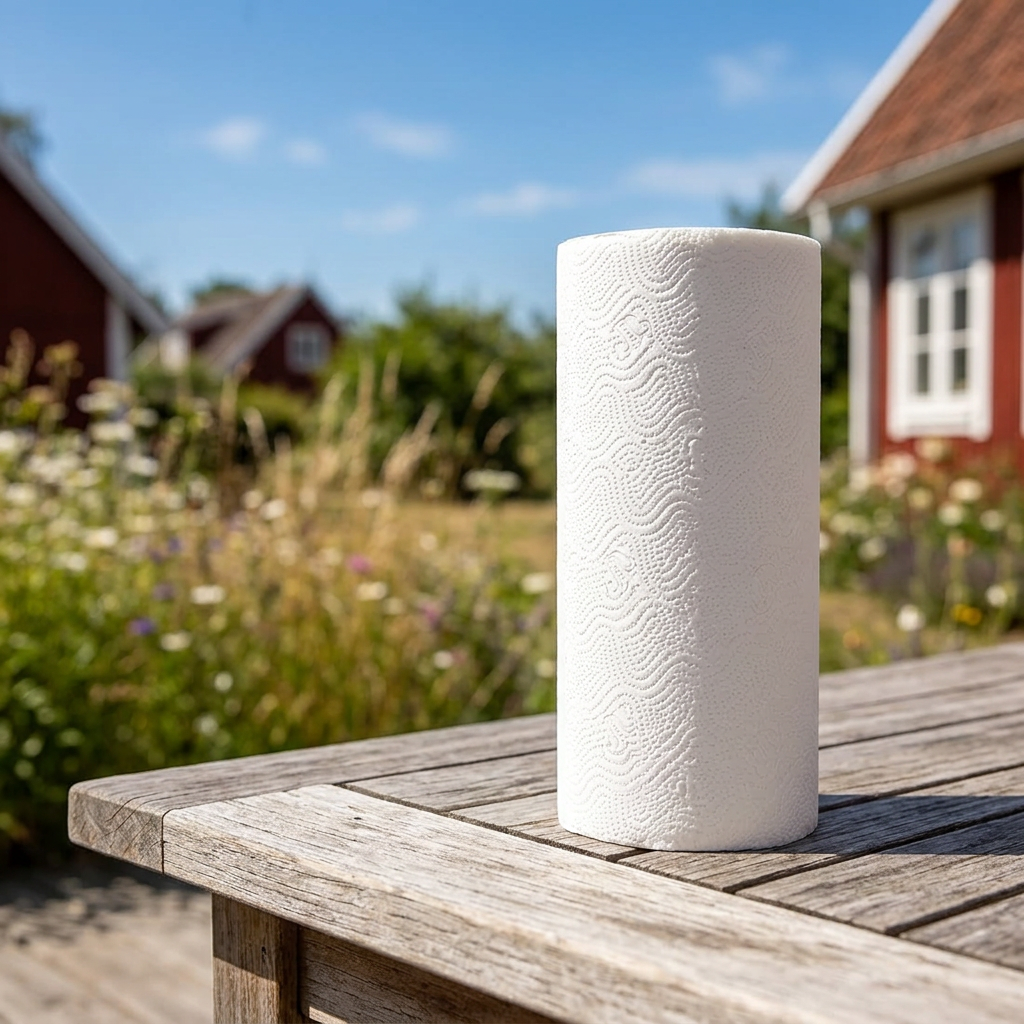 Hvid køkkenrulle på et terrassebord i solskin