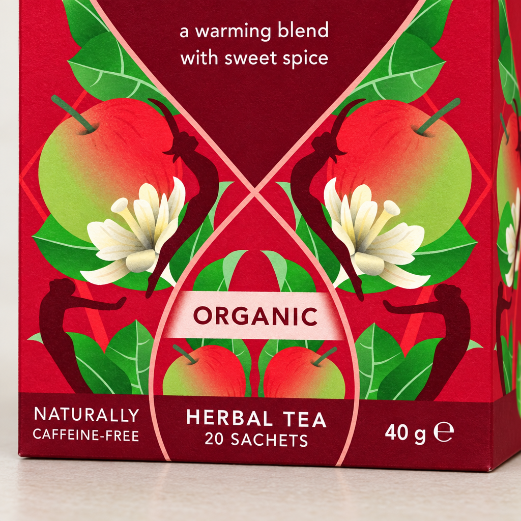 Detalje af Pukka-pakkens angivelse Organic, 20 tebreve og 40 g