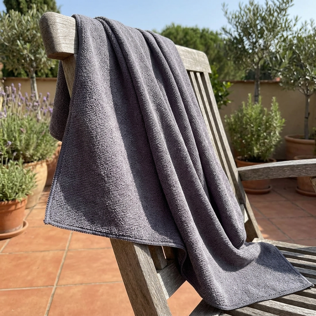 Koksgrå mikrofiberklud over stoleryg på solrig terrasse