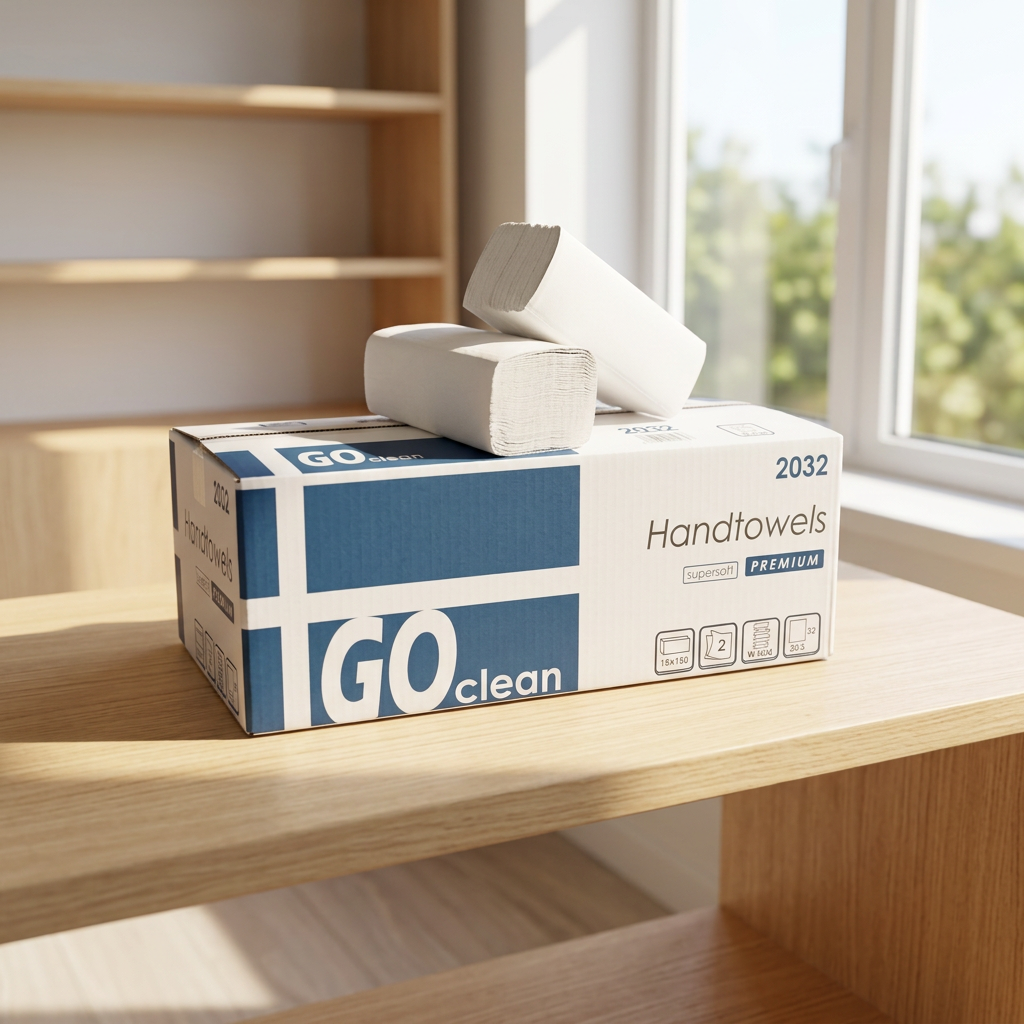 GO Clean 2032 kasse med hvide håndklædeark på solbeskinnet depothylde