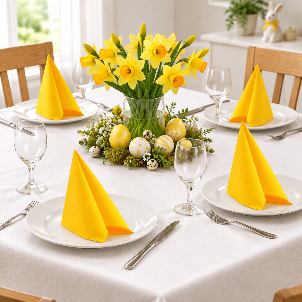 Påskebord med gule Airlaid-servietter