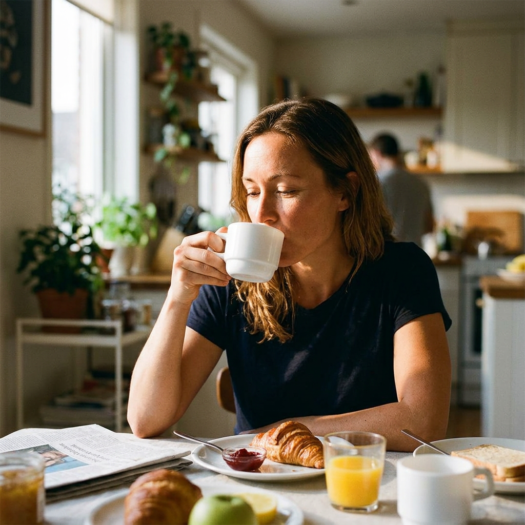Kvinde drikker af hvid kop ved morgenbordet