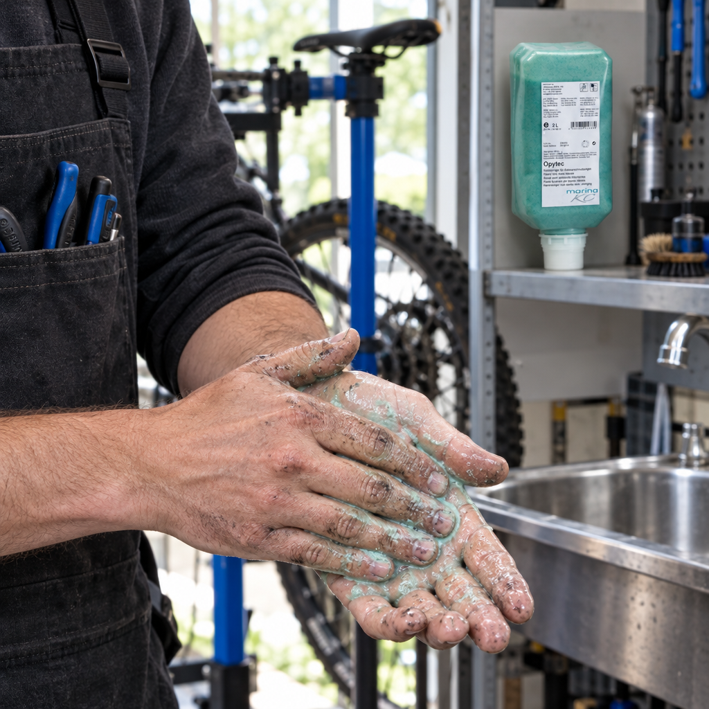 Håndrensning efter cykelreparation med Opytec i baggrunden, stemningsbillede