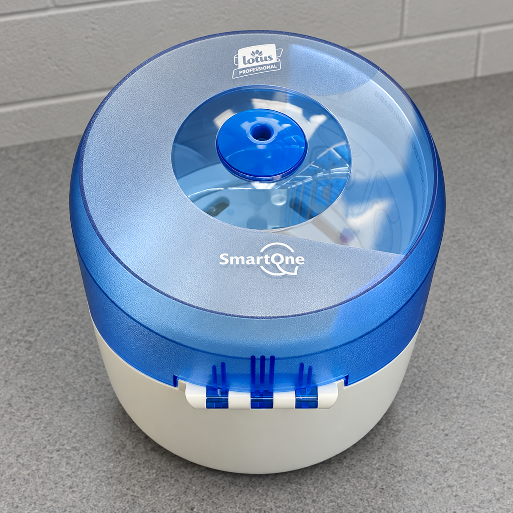 Blå SmartOne Mini-dispenser set skråt på servicebord