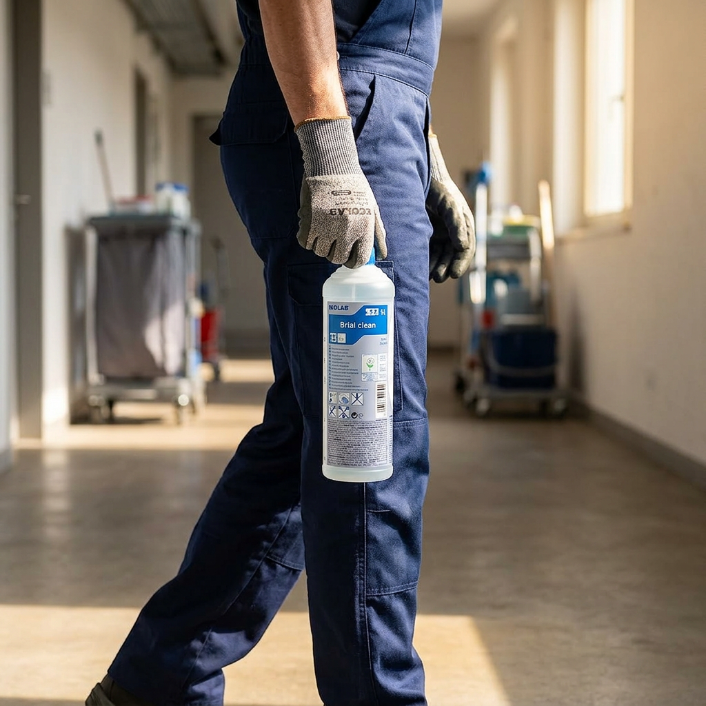 Medarbejder bærer en lukket flaske Brial Clean