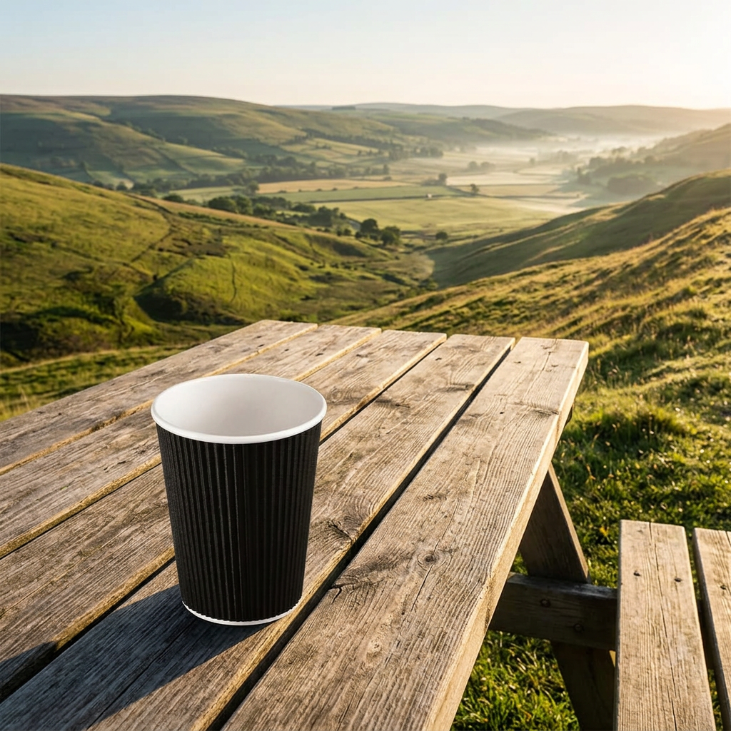Sort Ripple Wall kaffebæger på picnicbord med grønt landskab i solskin