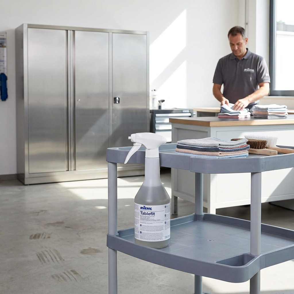 Kiehl Tablefit 750 ml på servicevogn i solrigt klargøringsområde med voksen medarbejder