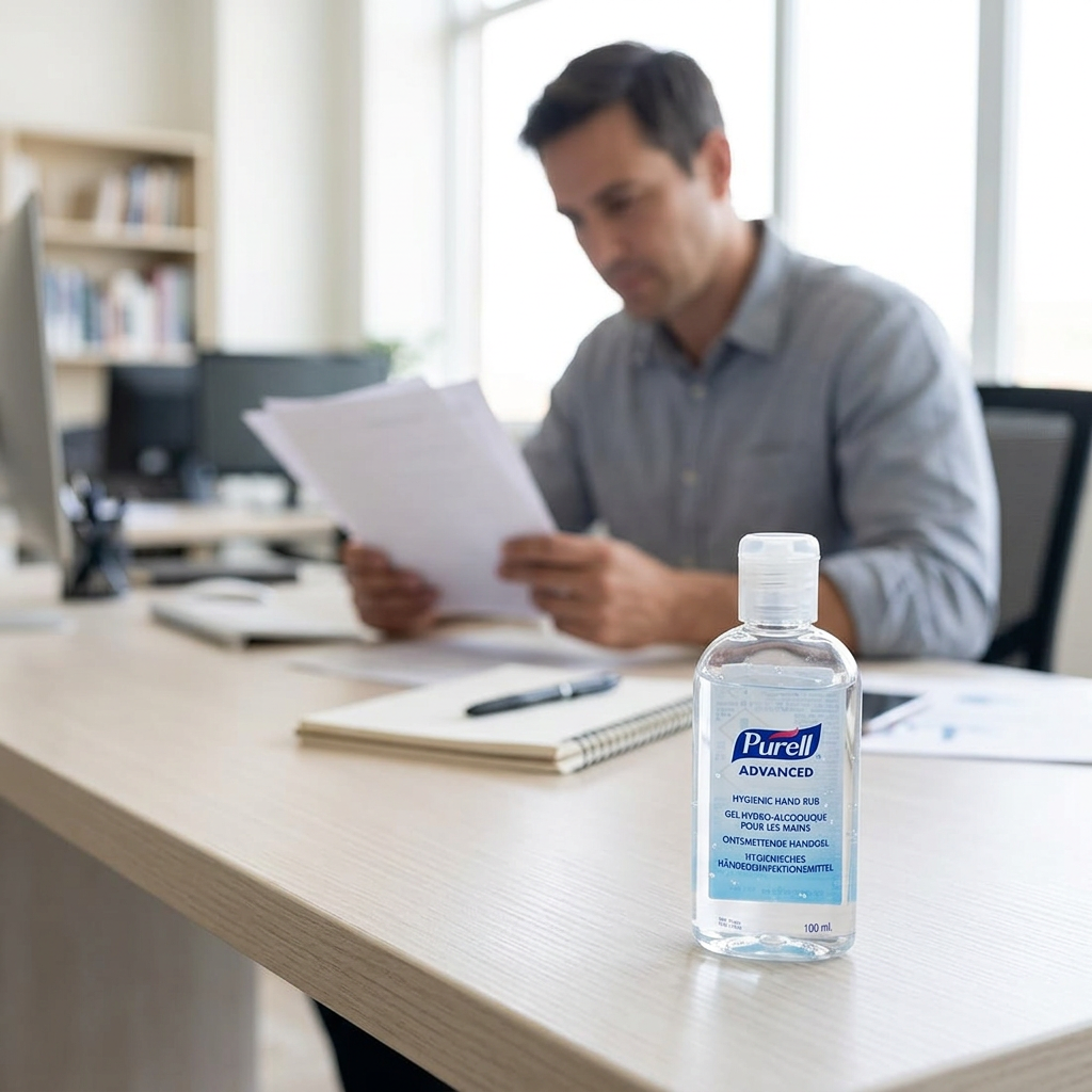 Purell Advanced 100 ml på skrivebord med voksen medarbejder i baggrunden