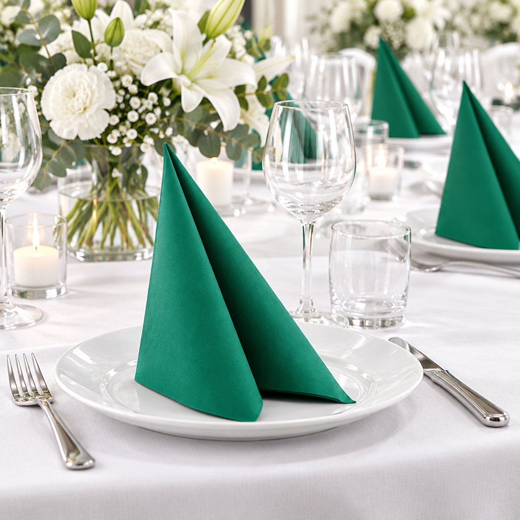 Festbord med grønne Airlaid-servietter og hvide blomster