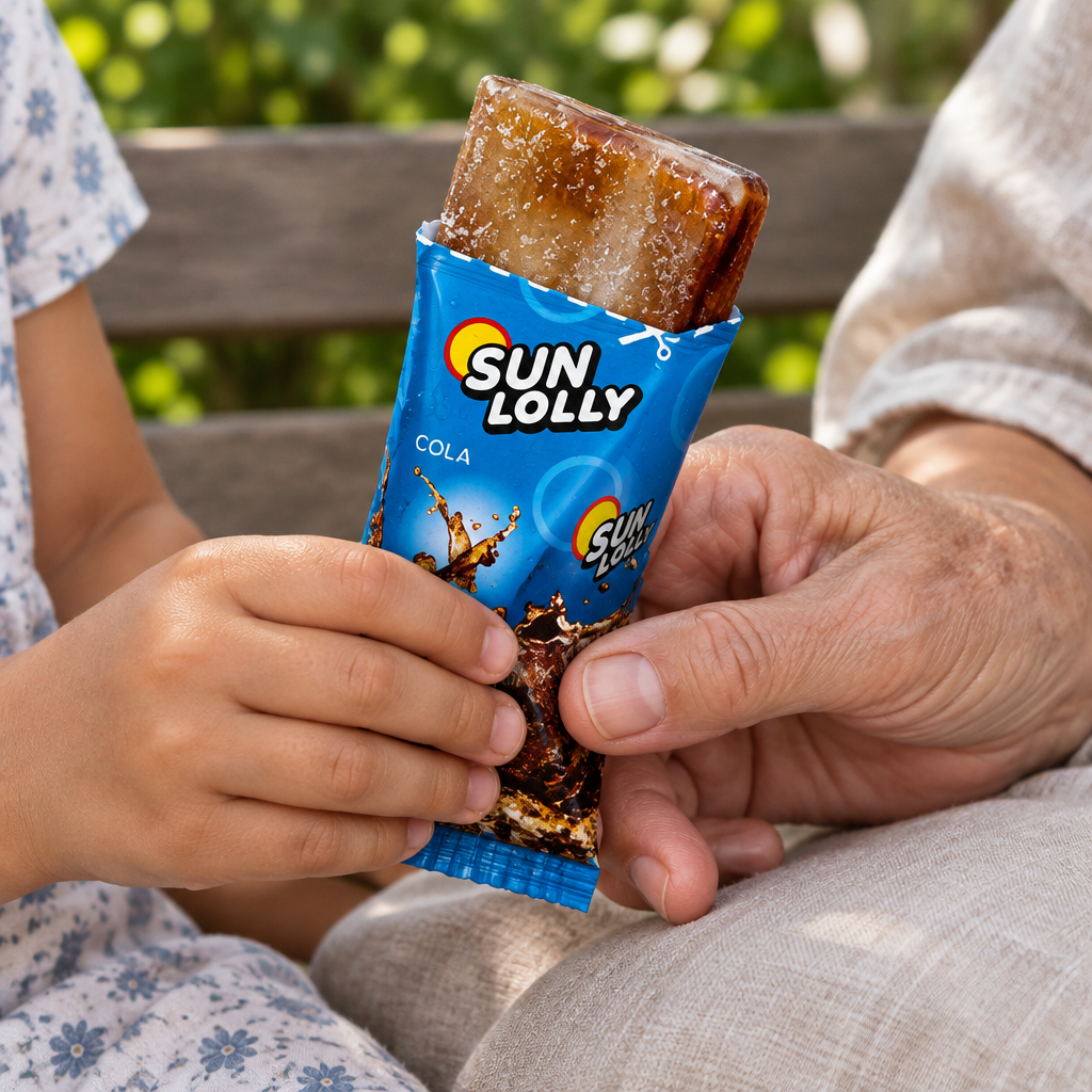 Nærbillede af Sun Lolly Cola-is holdt af barn og bedstemor
