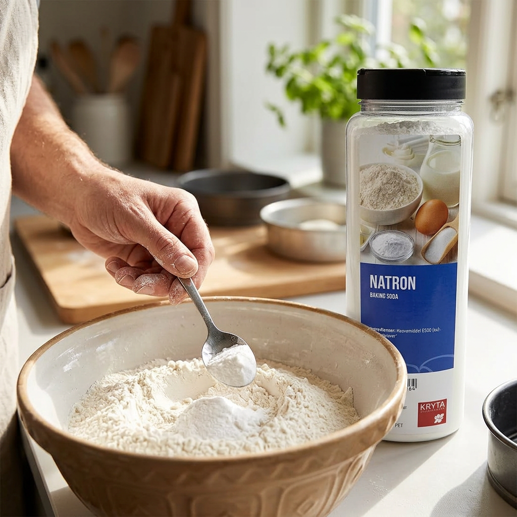Tørre bageingredienser blandes ved Kryta natron