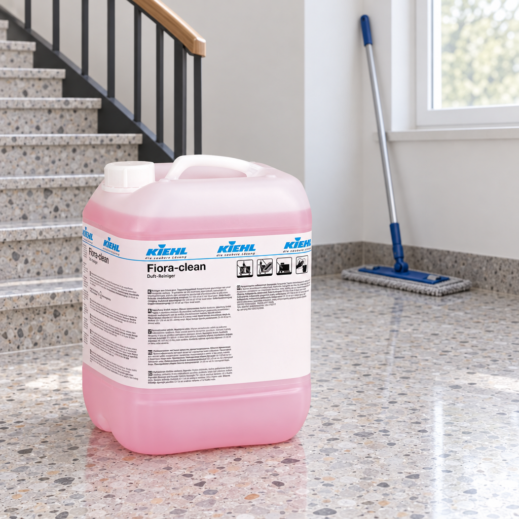 Kiehl Fiora-Clean 10 L ved terrazzotrappe med moppe i baggrunden