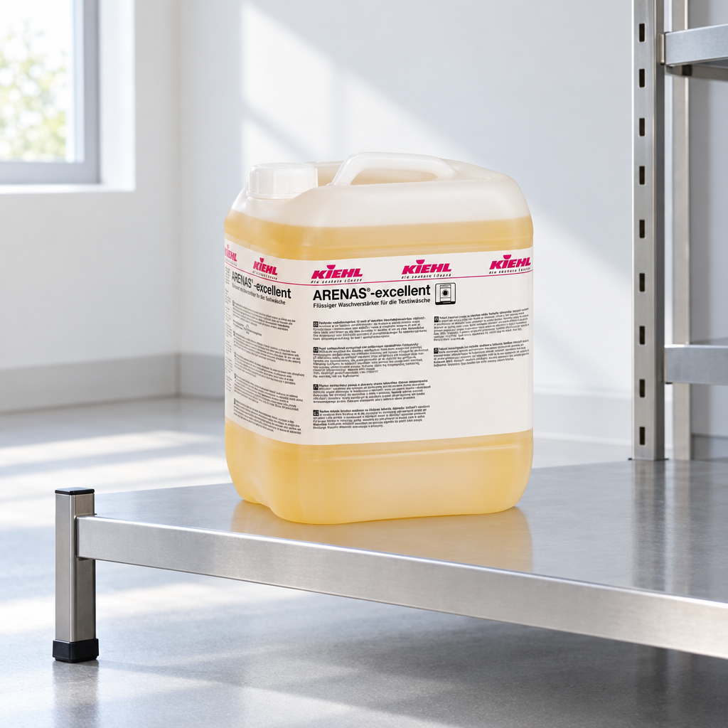 Kiehl Arenas-Excellent 20 L på lav metalhylde i lyst vaskerum