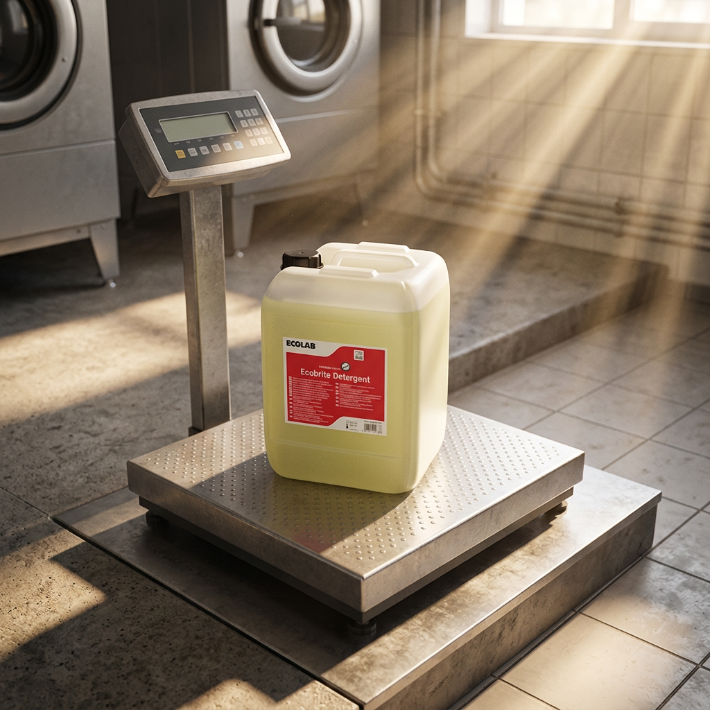 Lukket dunk Ecobrite Detergent på platform i vaskeri med solstråler, stemningsbillede