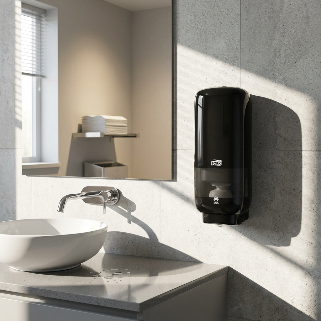 Sort Tork S4 TouchFree-dispenser ved håndvask i et solbelyst kontortoilet