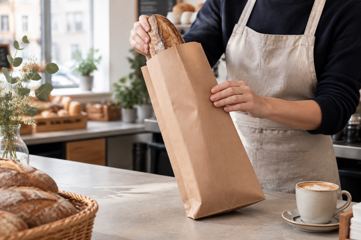 Miljøbillede af brun papirpose 1062 ved cafédisk med brød