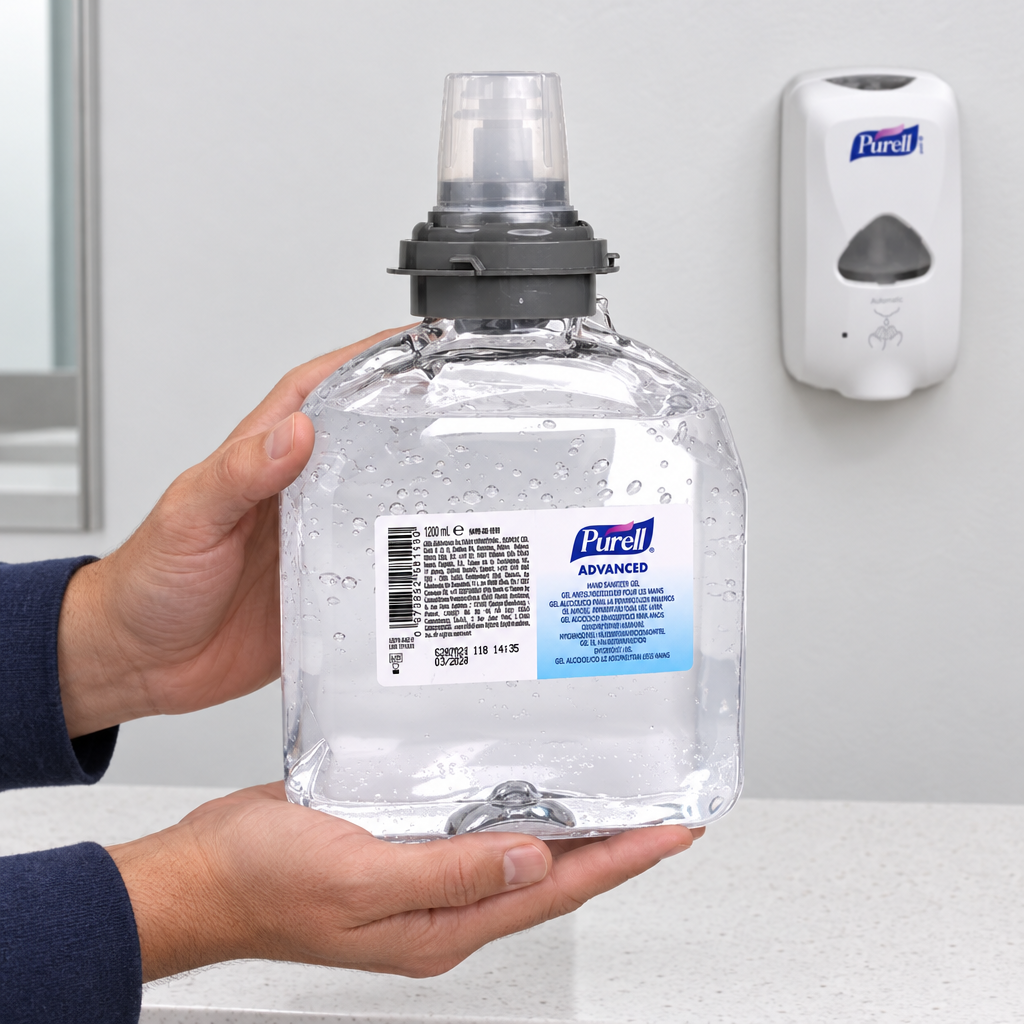 Illustration af Purell TFX-gelrefill støttet med begge hænder