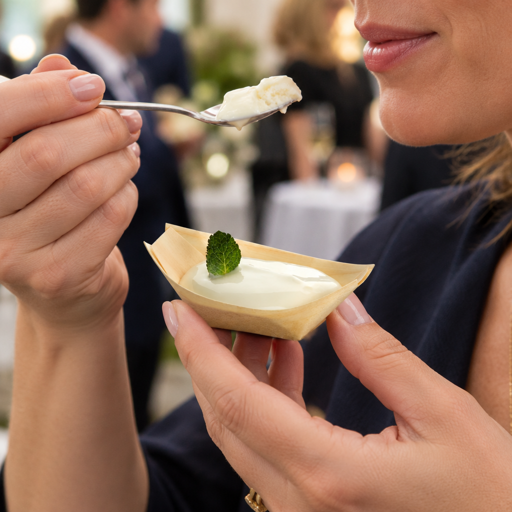 Gæst spiser dessert fra en lille træbåd ved reception