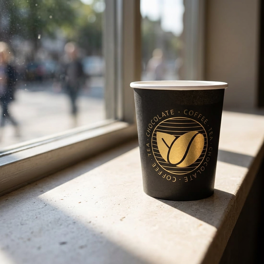 Beans-kaffebæger på lys vindueskarm i solbeskinnet café