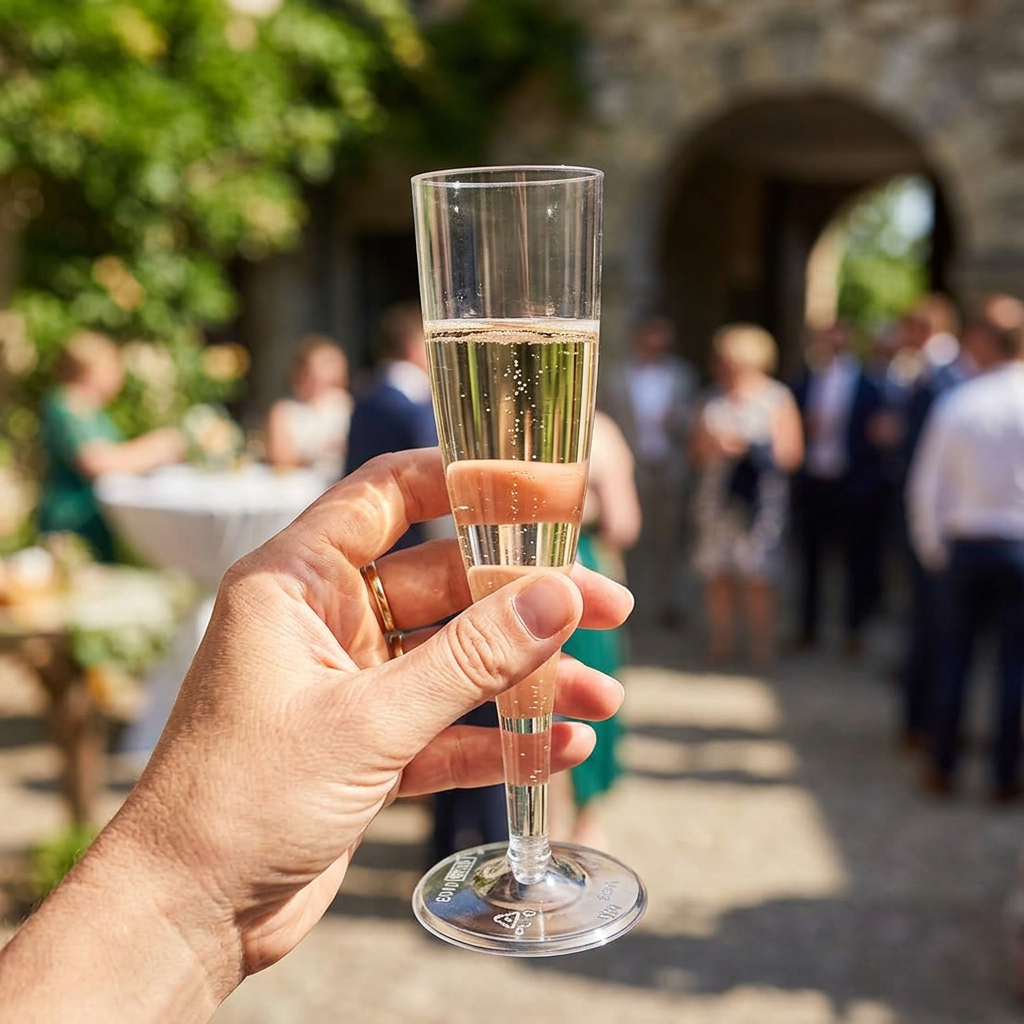 Champagneglas med lys boblende drik holdt i hånden ved solrig reception