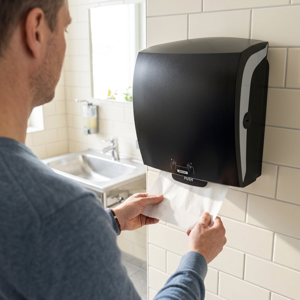 Voksen tager papir fra Katrin System håndklæderulledispenser